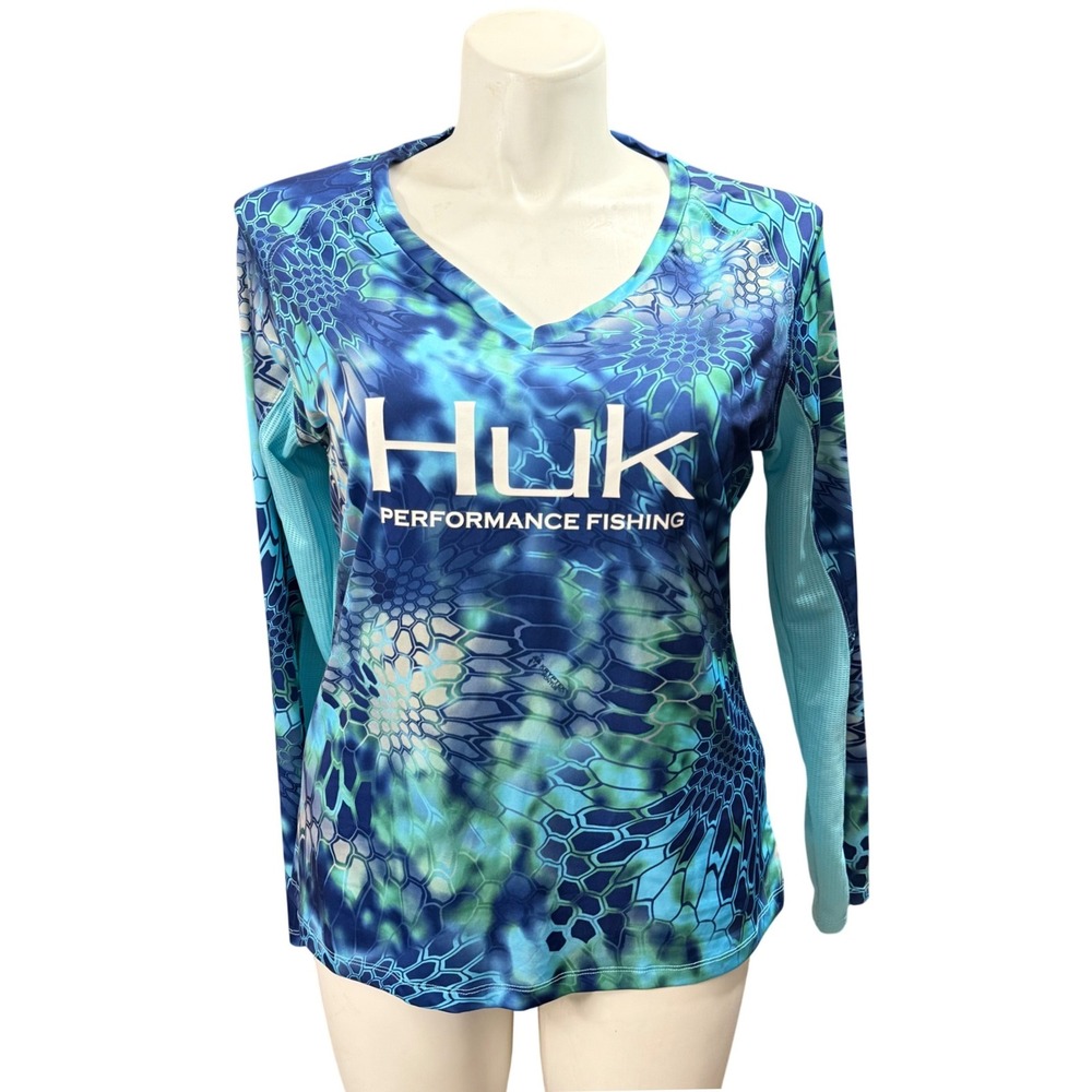 Huk Performance Fishing Shirt Womens XL Blue Green Kryptek Camo Long Sleeve Top